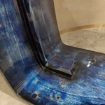 Sculptural C-Shaped Sofa Side Table with Blue Natural Wood Veneer, Integrated Drawer and Cantilever Base